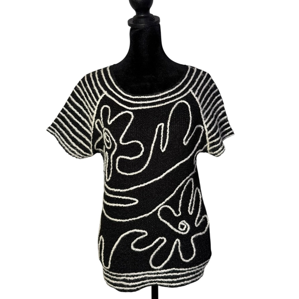 Abstract Art To Wear Crinkle Top Womens‎ S Black White Lagenlook Textured Blouse